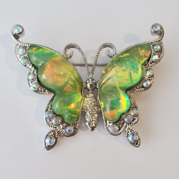 GORGEOUS Butterfly Brooch Pin Silvertone Mini Faceted Stones & Green Opalescent - Picture 6 of 7
